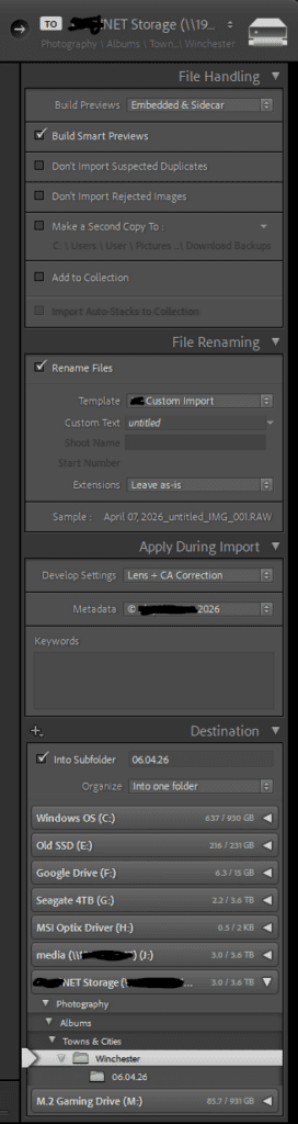 Lightroom Import settings screenshot - getting organised in Photography.